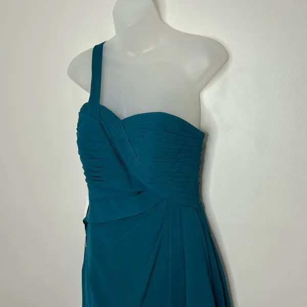 Azazie Madalynn Bridesmaid Dress one shoulder Peacock NWT Size A4 ruffle detail - Image 2