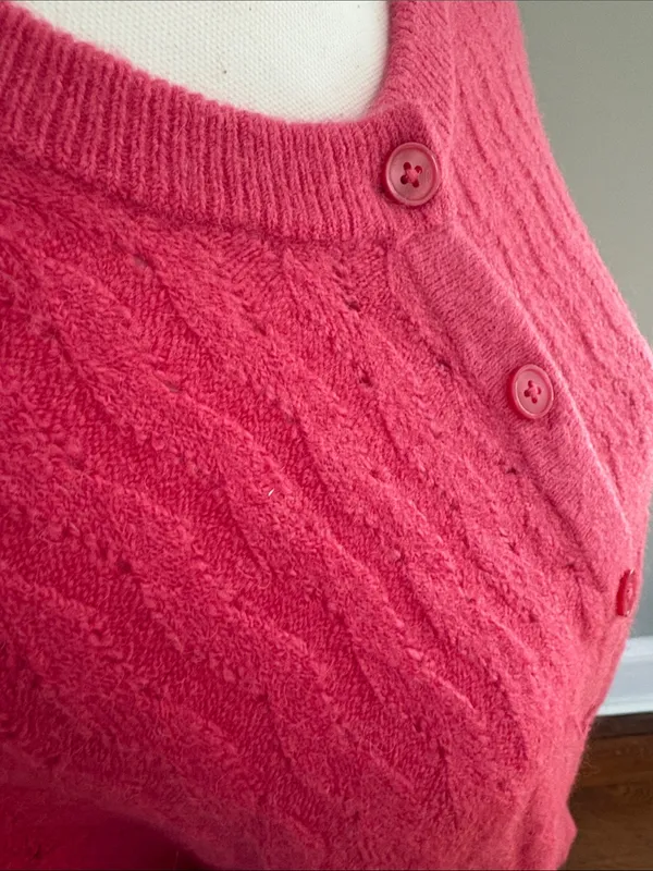 J.‎ Crew Fuzzy Bright Pink Cable Knit Button-Front Cardigan Size Medium Merino - Image 3