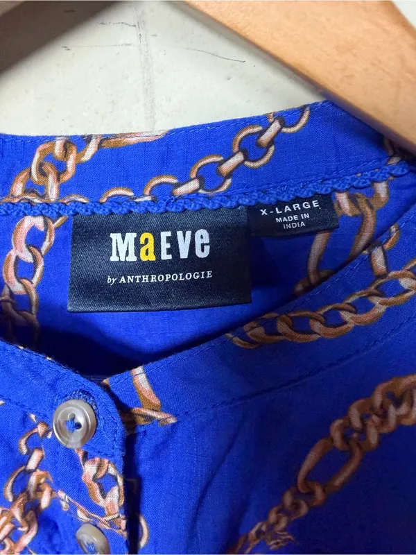 Maeve Anthropologie Blue Chain Print Balloon Sleeve Button Front Blouse XL - Image 4