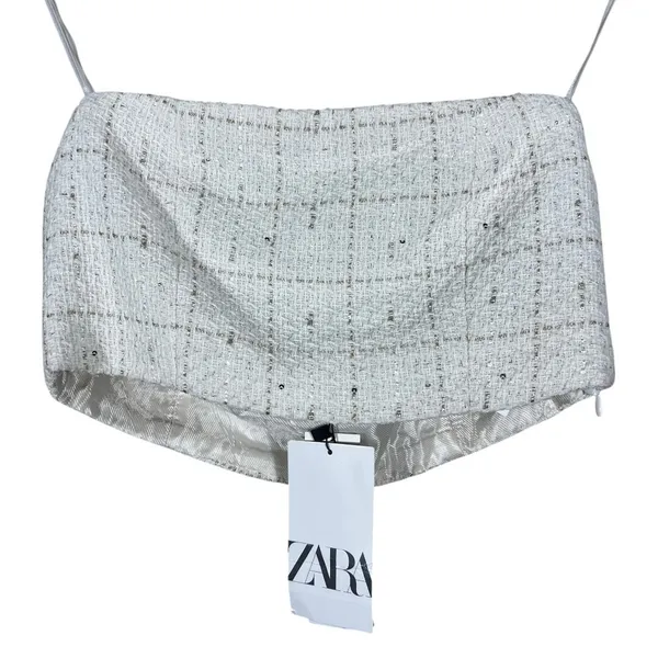 NWT Zara Tweed Metallic Sequin Tube Top Cream Gold Evening Classic Glam Size S - Image 3