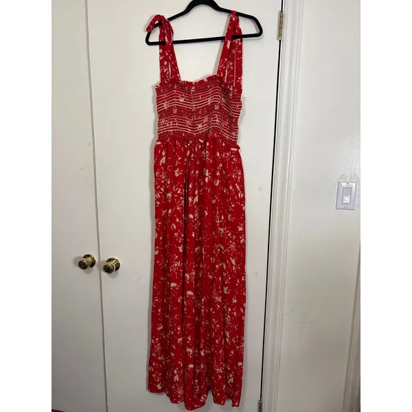 Free People Red Floral Smocked Wide‎ Leg Jumpsuit Tie Shoulder Straps Medium - Image 3