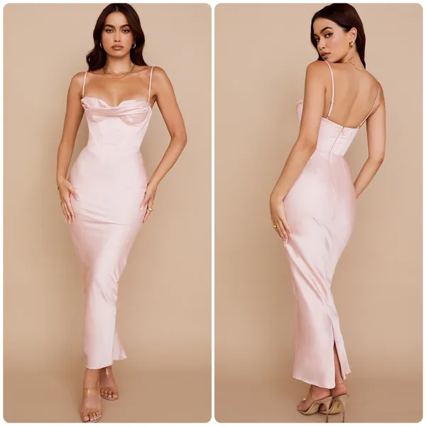 House of CB Charmaine Corset Blush‎ Pink Maxi Sleeveless Dress Large Back Slit - Image 2