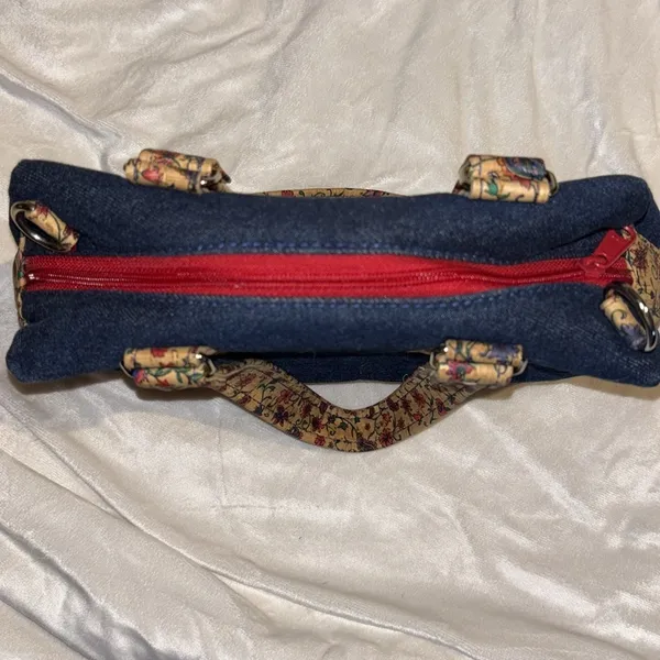 Blue Denim Handbag With Floral Corklike Design On Bottom & Handles Red Interior - Image 4