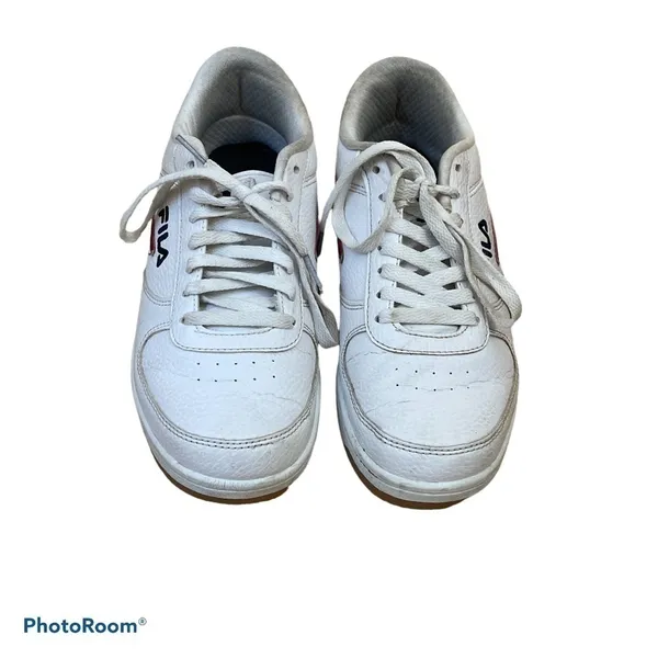 FILA Women’s White Retro Court Sneakers Size 9 Red Navy Stripe Leather Low Top - Image 2