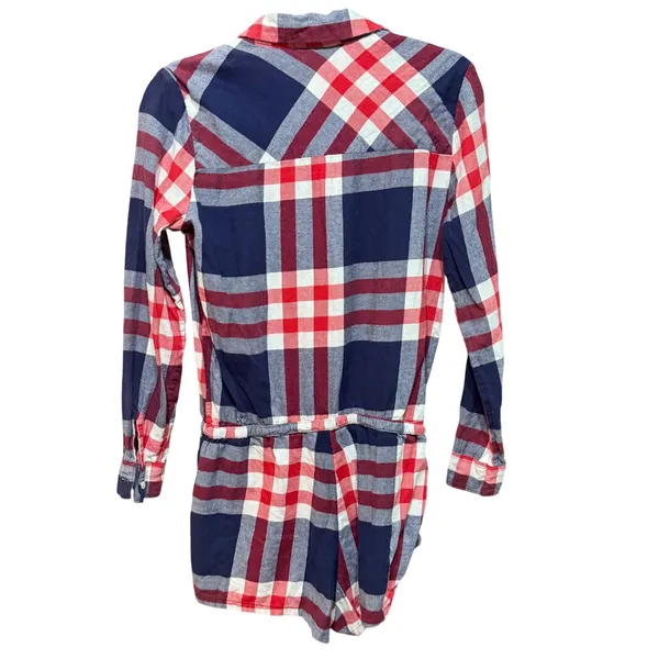 Aerie‎ Blue Red Plaid Long Sleeve Button Down Romper Small Americana Preppy - Image 3