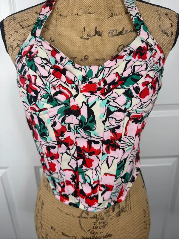Japna Floral Halter Corset Top Size M Pink Red Green Y2K Summer - Image 5