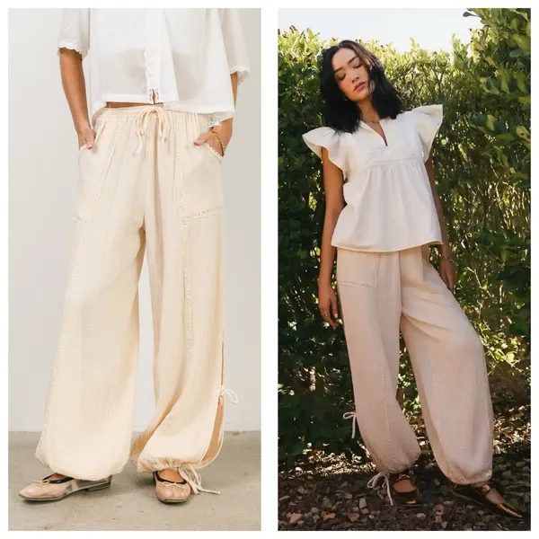 NWT Bohme Avery Crinkle Joggers Oatmeal Size Small Bohemian Balloon Leg Cotton - Image 2