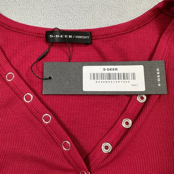 NWT S.DEER Ribbed Top Womens L Red Long Sleeve Henley Top Snap Button V Neck - Image 5