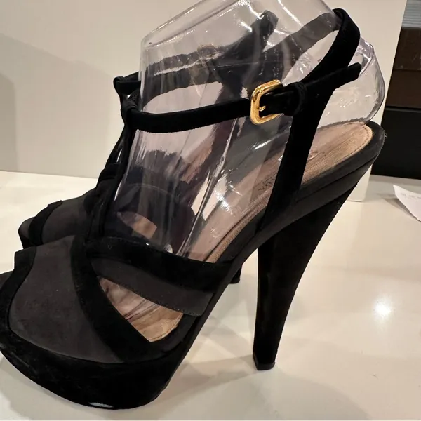 Prada Platform Stiletto T-strap Sandals Sz 39 Suede Black Gray Heels Peep Toe - Image 6