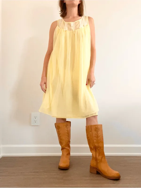 Vintage Sleeveless Yellow Chiffon Dress with Sheer Yoke - Image 4