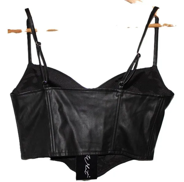 NWT Womens Say What Black Faux Leather Adjustable Straps Bustier Crop Top Size M - Image 2