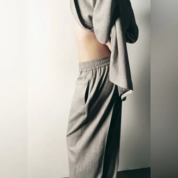 Zara Women‎ Bloggers Favorite Gray Wide Leg Herringbone Elastic Waist Pants Sz L - Image 16