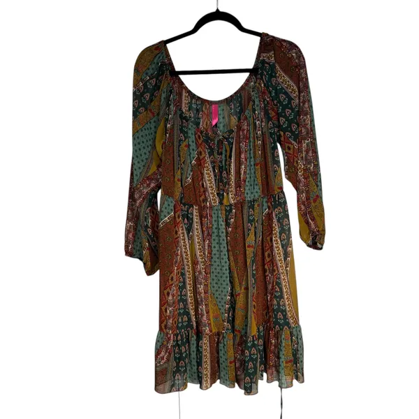 Pure Energy Boho Maxi Dress Patchwork Off‎ Long Sleeve Tiered Ruffle Size 2 - Image 5