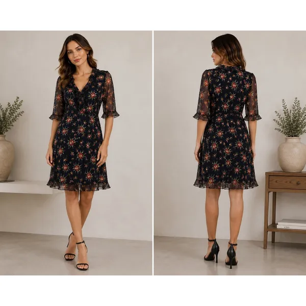 Donna Ricco Floral‎ Midi Dress Size 10P Feminine Ruffle Dainty Modest Sheer - Image 2