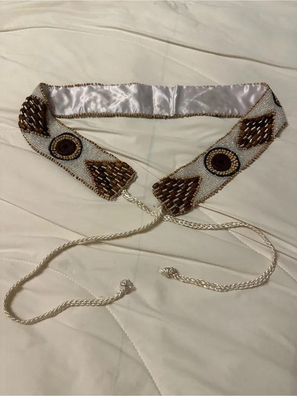 Beaded Tie-Front Waist Belt in White and Brown - New - Image 2