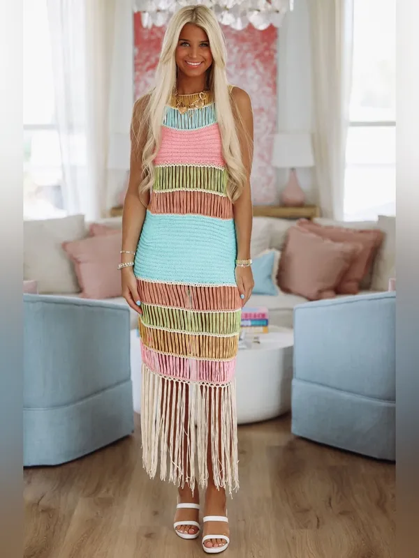 Mable fringe crochet dress Vacation Worthy Maxi Coverup colorful resortwear aqua - Image 3