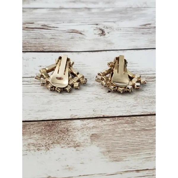 Vintage Clip On Earrings Orange & Amber Tone Gems Fan Shape Statement Earrings - Image 3