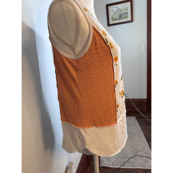 Ava James Womens Floral Mixed Media Ribbed V-Neck Tank Top White Orange Size M - Image 2