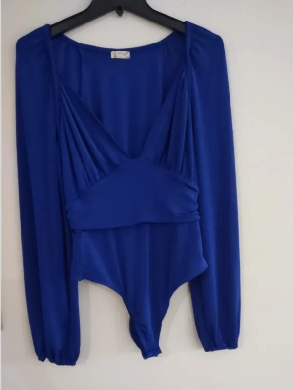 Free People Royal Blue Long Sleeve V-NeckThong Bodysuit Size Large - Image 3