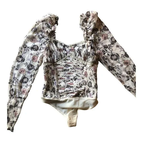Free People NWT - - Brunch Date Floral Print Long Sleeve Bodysuit Ivory Combo -Size Small - Image 2