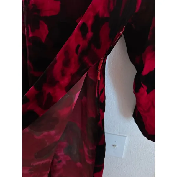 Red Black Floral Velvet Qipao Mandarin Collar Midi Dress Long Sleeve One Size - Image 5