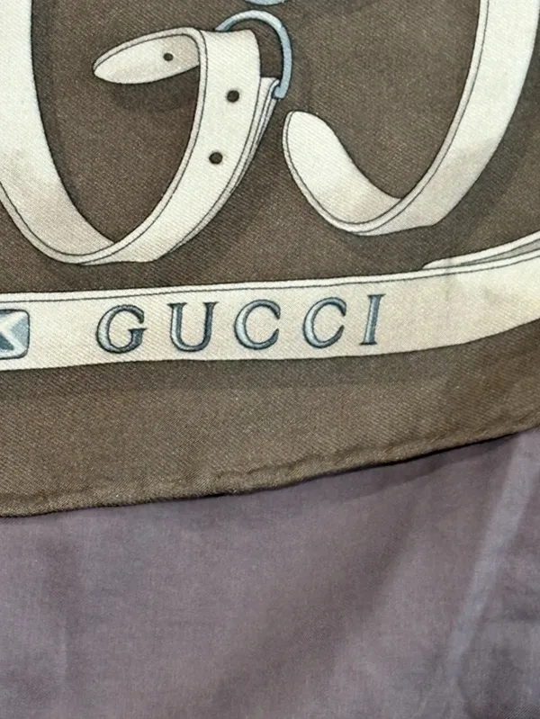 Gucci Silk Wrap/ Scarf Chains and Straps Brown and Blue Approx size 25” x 26” - Image 6