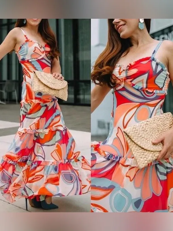 Alexis for Target Abstract Print Ruffle Tiered Maxi Dress Red Orange Size XXS - Image 2