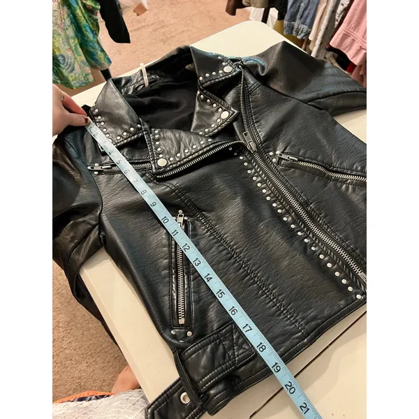 Free People Black Vegan Leather Moto Studded Zip Up Jacket Size XS Oversized - Image 11