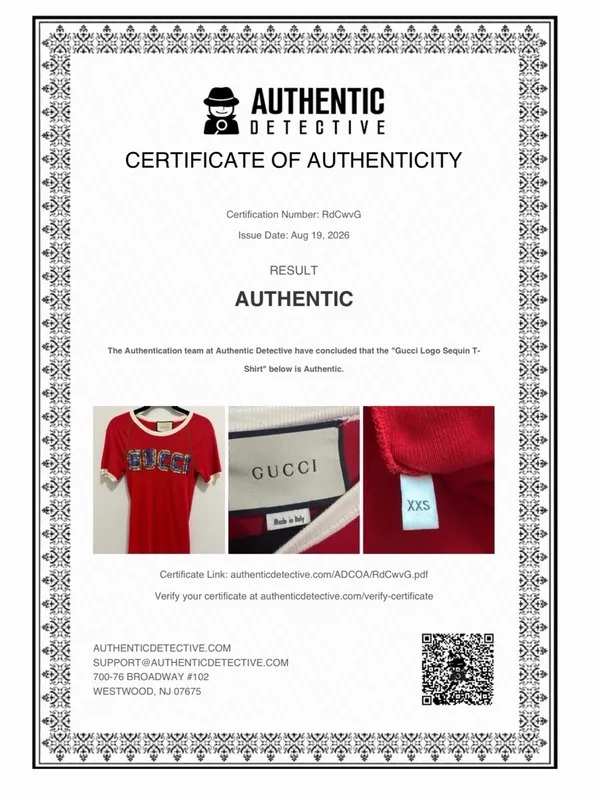 Gucci (COA) Red Sequin Tee Top with Multicolor Sequin Logo - Image 9