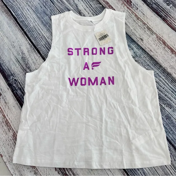 NWT Fabletics White Tank Top with Purple Graphic “STRONG AF WOMAN” - Image 2