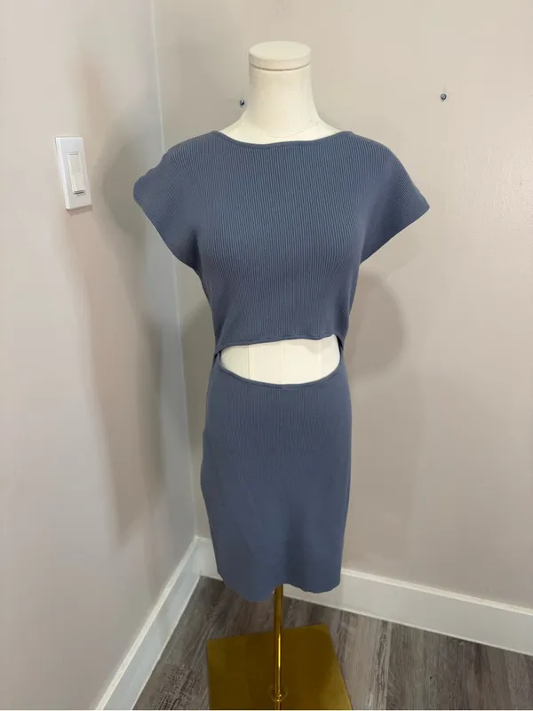 Aritzia Wilfred Free Cut-Out Knit Mini Dress in Dune‎ Blue Size Large - Image 2