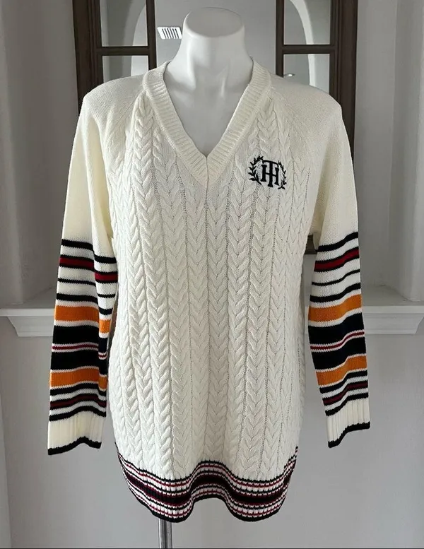 Tommy Hilfiger Sweater Ivory V-Neck Varsity Cable Knit Pullover Size L MSRP $79 - Image 2