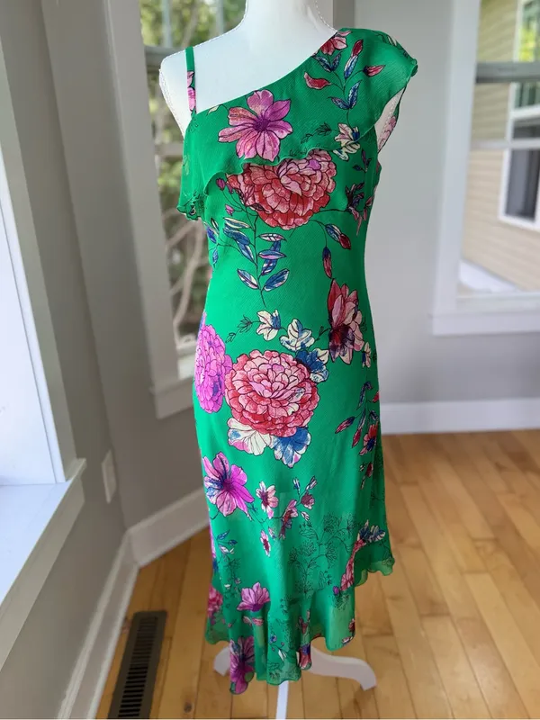 Roz & Ali Emerald Green Floral Asymmetrical One Shoulder Dress Size 6 - Image 4