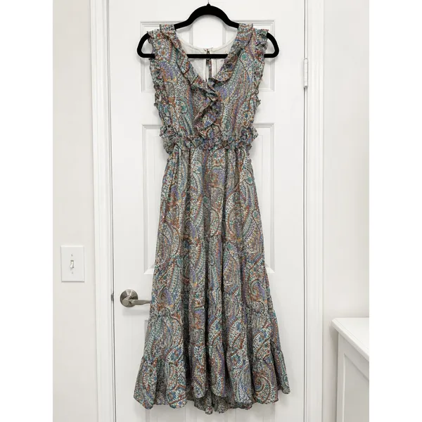 &Merci Paisley Ruffle Cutout Tiered Maxi Dress Olive Green Orange Holiday NWT M - Image 2