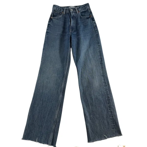 Zara‎ Sz 0 Jeans Wide Leg Raw Hem High Waisted Rise Light Wash Women's Baggy - Image 2