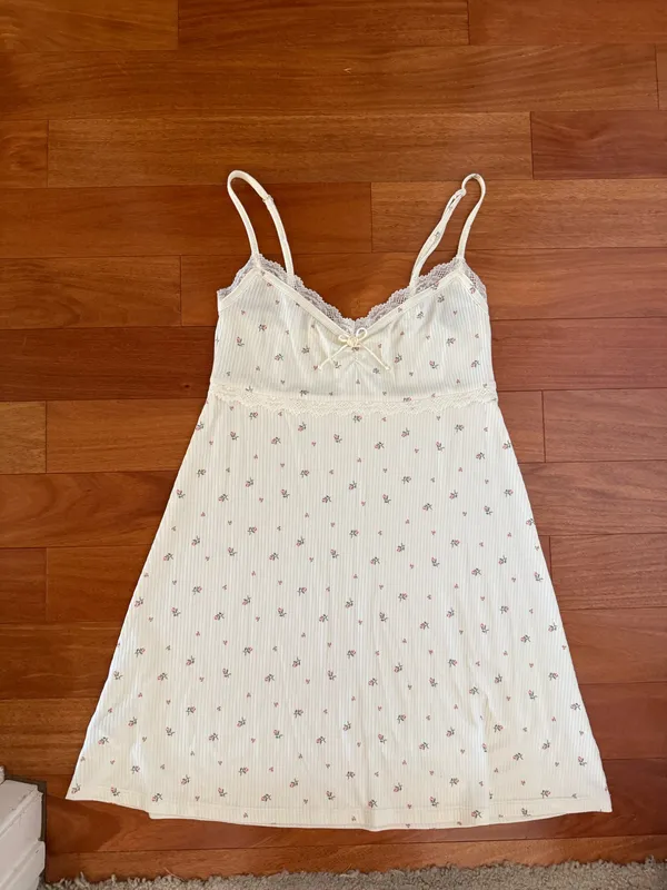 Coquette Dainty Cream Lace Trim Mini Floral Rosette Bow Mini Dress - Image 5