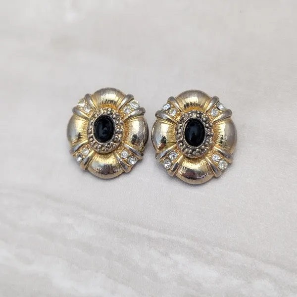 Vintage Clip On Earrings Gold/Silver Tone Gradient Black Cabochon Large - Image 2