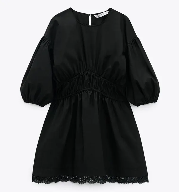 Zara Mini DRESS W/ MATCHING LACE TRIM BALOON SLEEVES Black Size XS NEW - Image 12