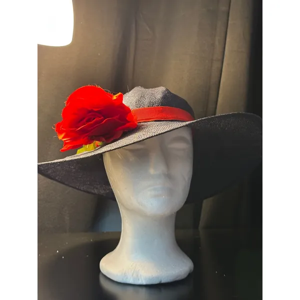 Career Collection Navy Blue Wide Brim Sun‎ Hat Red Rose Accent Straw Style Hat - Image 2
