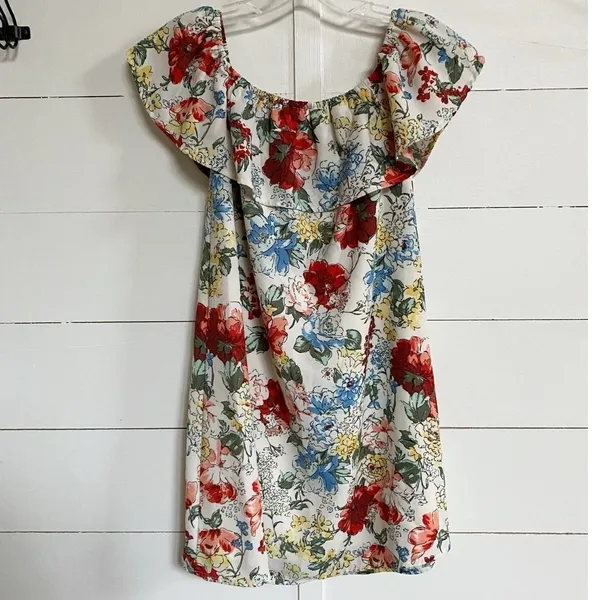 Abercrombie‎ & Fitch Floral Off-The-Shoulder Ruffle Mini Dress White Small - Image 13