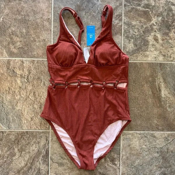 CUPSHE One Piece Deep V Neck Ribbed Texture Cutout Brown Size Medium - Image 4