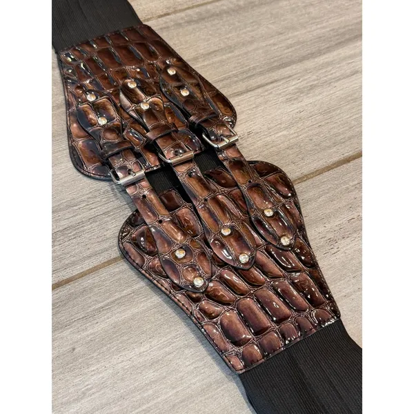 Vintage Wide Stretch Waist Belt Brown Croc Embossed Adjustable Triple Buckle 2X - Image 2