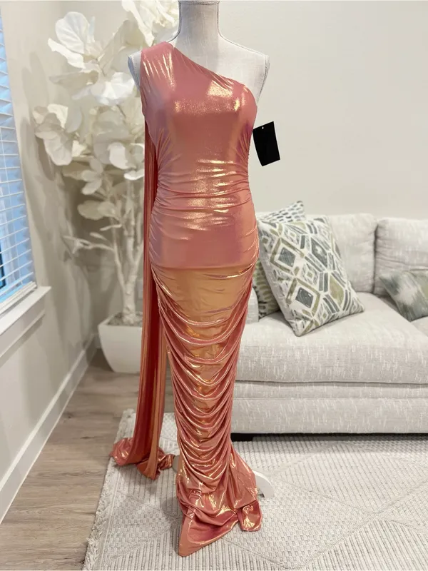 Retrofete Shannon Elegant Golden Peach Metallic Ruched Backless Evening Gown S - Image 5