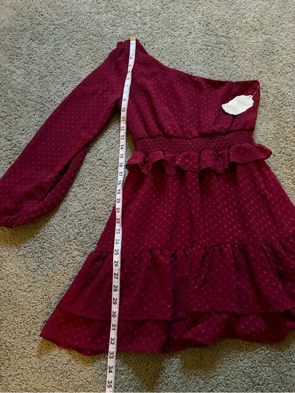 Altar’d State One Shoulder Burgundy Mini Dress Textured Clip Dot Fabric Sz S NWT - Image 2