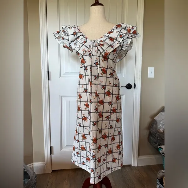 Zara Floral‎ Grid Print Ruffle V-Neck Midi Dress White Orange Small - Image 2