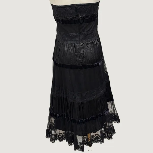 Y2K Two of Us Black Strapless Lace Velvet Tiered Midi Dress Fairy Whimsigoth L - Image 2