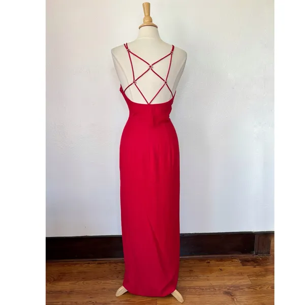 Vintage Solid Red Sleeveless Full Length Strappy Rhinestone Formal Dress - Image 11