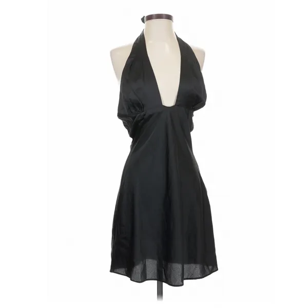 NIA Black Satin Plunge Halter Mini Dress Small Open Back Y2K Indie - Image 2