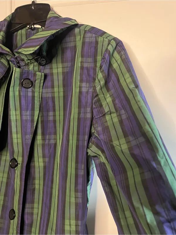 Vintage Jeffrey Banks Plaid Trench Coat Longline Belted Green Purple Size M - Image 12