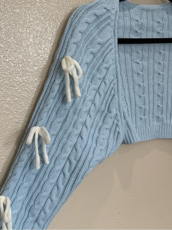 Cider Blue Cable Knit Bow Sleeve Crop Shrug Bolero Coquette Balletcore Large Y2K - Image 3